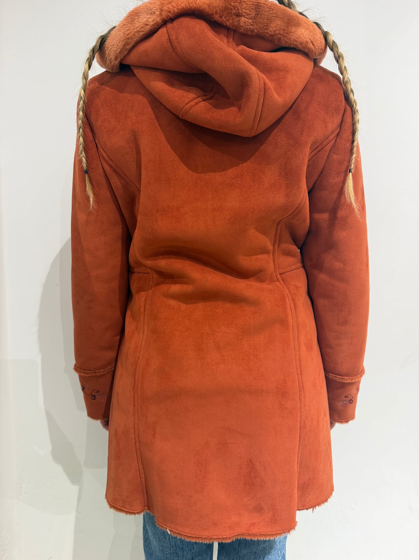 abrigo Super Rare Vintage 90s 70s Cut Furry Hooded Afghan Coat In Dark Orange