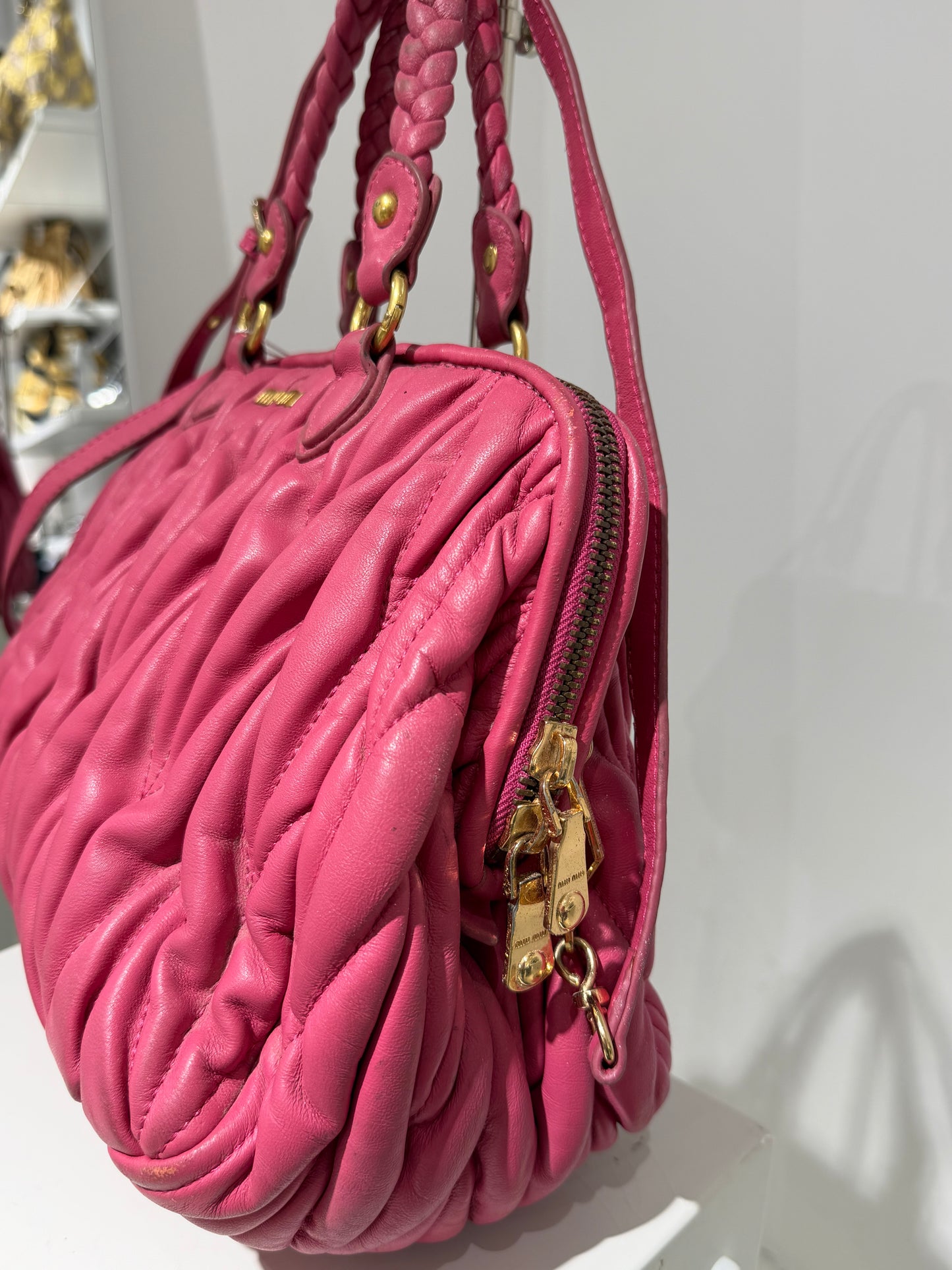 Rare Vintage 00s Miu Miu Viral Ruched Hand Bag In Fucsia