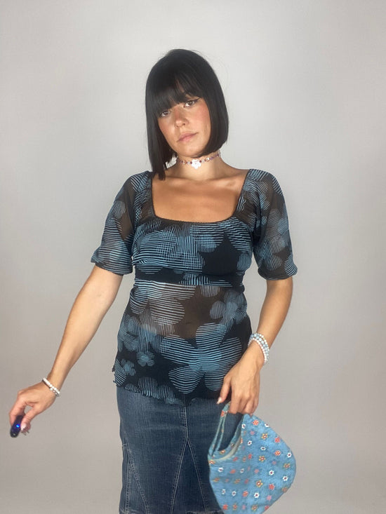 Vintage 00s Milkmaid Mesh Floral Top