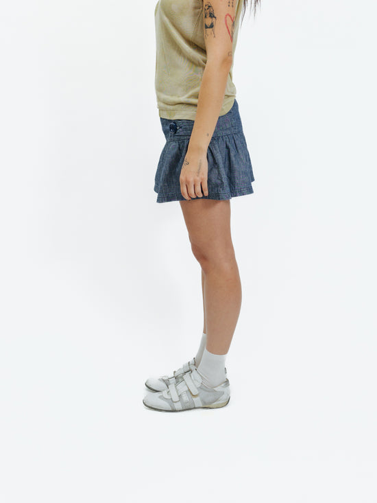 Vintage 00s Low Rise Denim Ruffled Mini Skirt