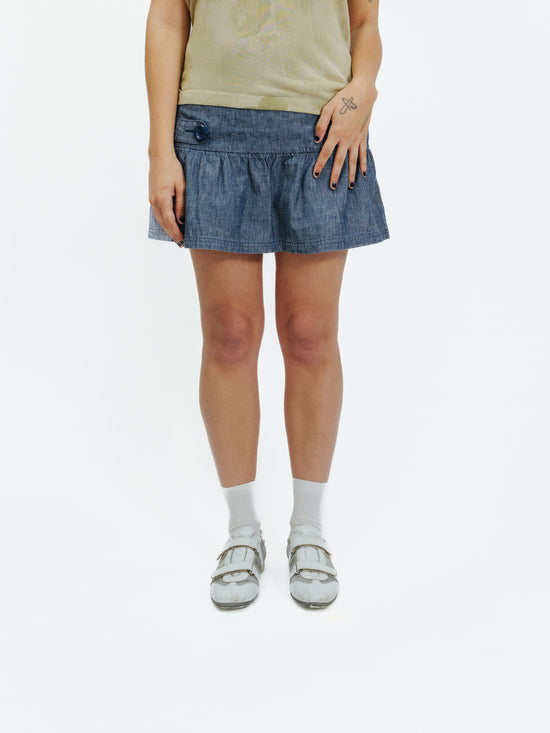 Vintage 00s Low Rise Denim Ruffled Mini Skirt