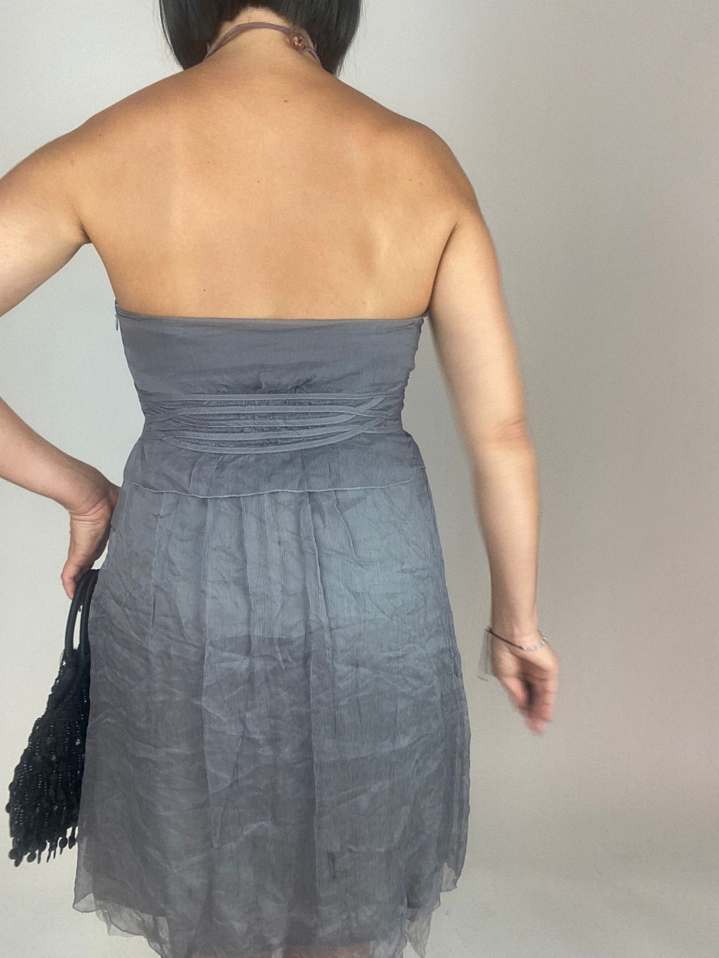 Vintage 00s Ballet Core Bandeau Silk Dress In Grey