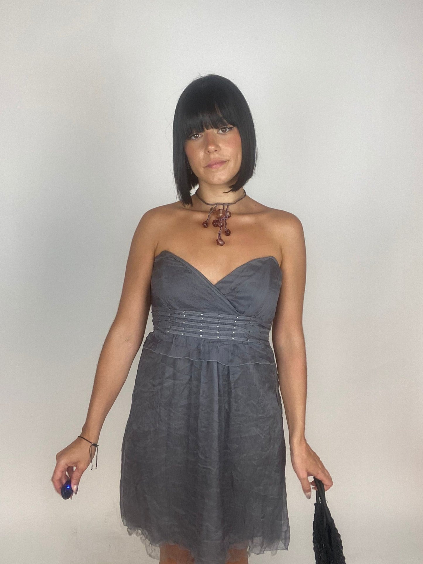 Vintage 00s Ballet Core Bandeau Silk Dress In Grey