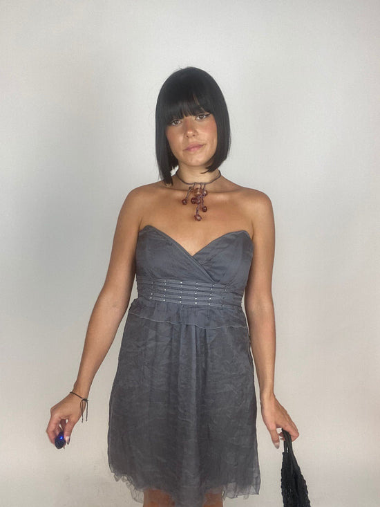 Vintage 00s Ballet Core Bandeau Silk Dress In Grey