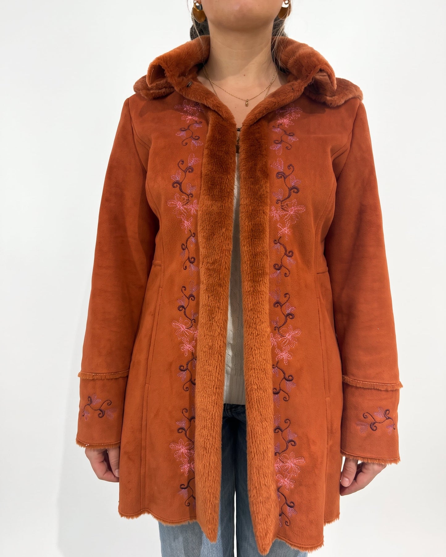abrigo Super Rare Vintage 90s 70s Cut Furry Hooded Afghan Coat In Dark Orange