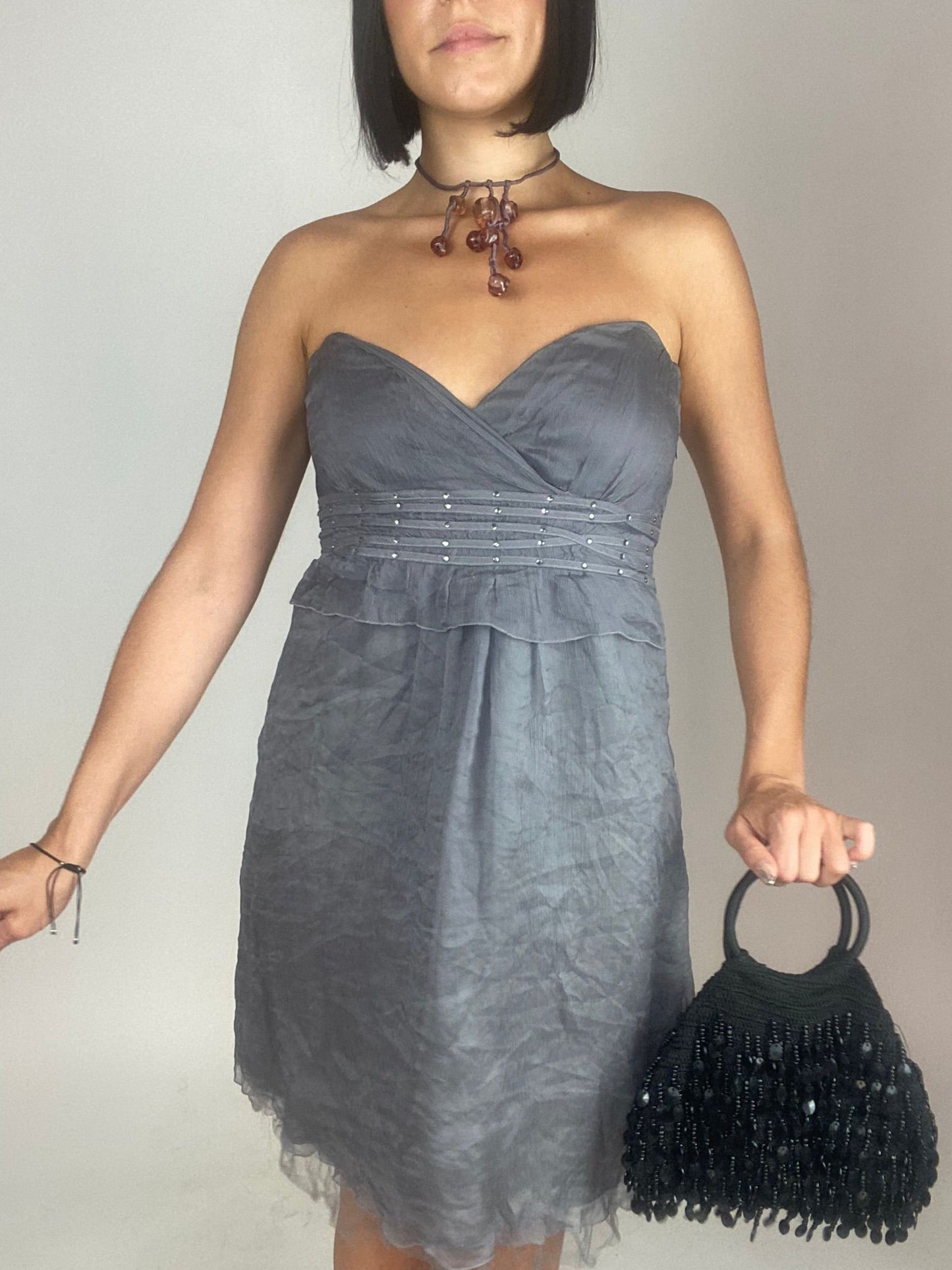 Vintage 00s Ballet Core Bandeau Silk Dress In Grey