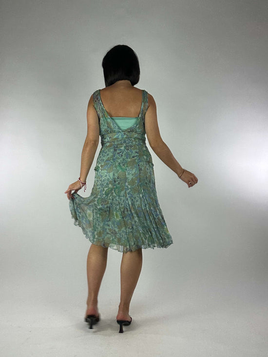 Vintage 00s Pleated Oriental Flower Print Midi Dress