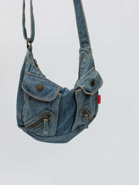 Vintage 00s Grunge Denim Crossed Bag With Pockets
