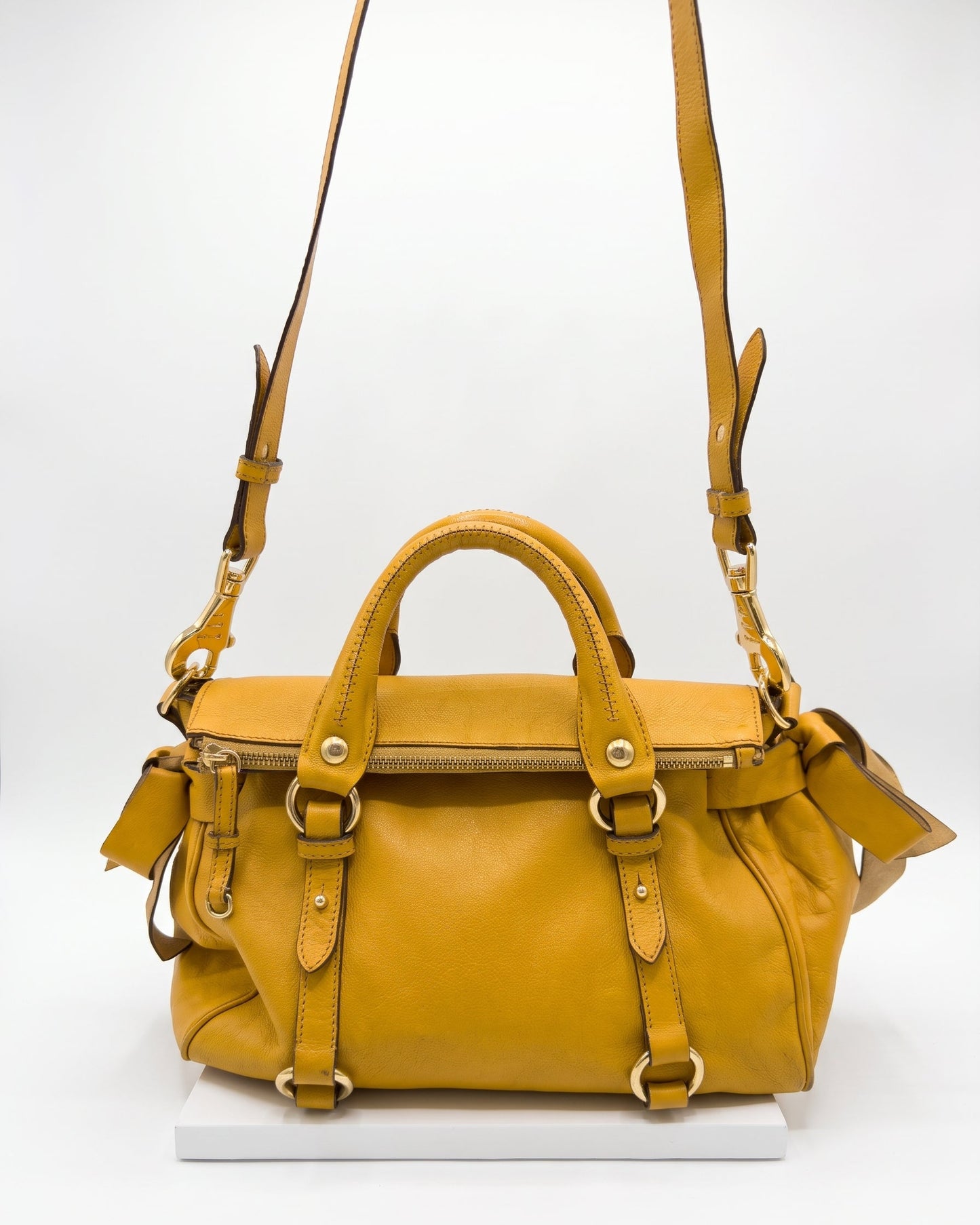 Vintage 00s Miu Miu Vitello Inspired Mustard Leather Bag With Ribbons