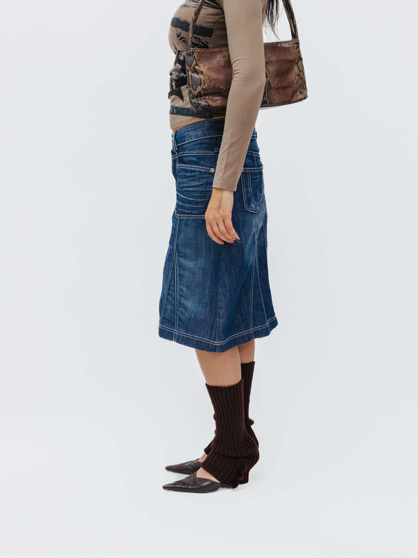 Vintage Late 90s Grunge Elastic Denim Midi Skirt