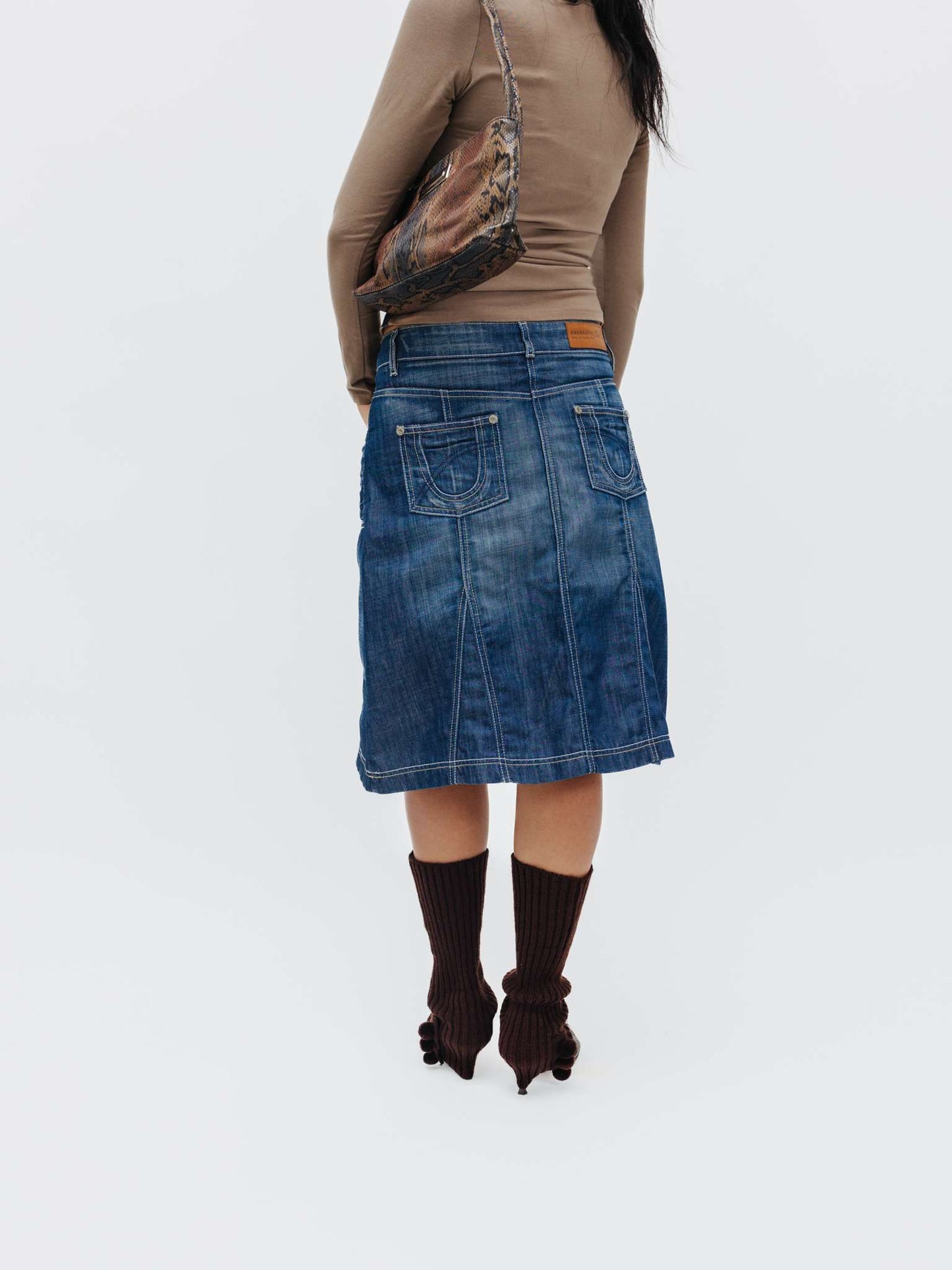 Vintage Late 90s Grunge Elastic Denim Midi Skirt