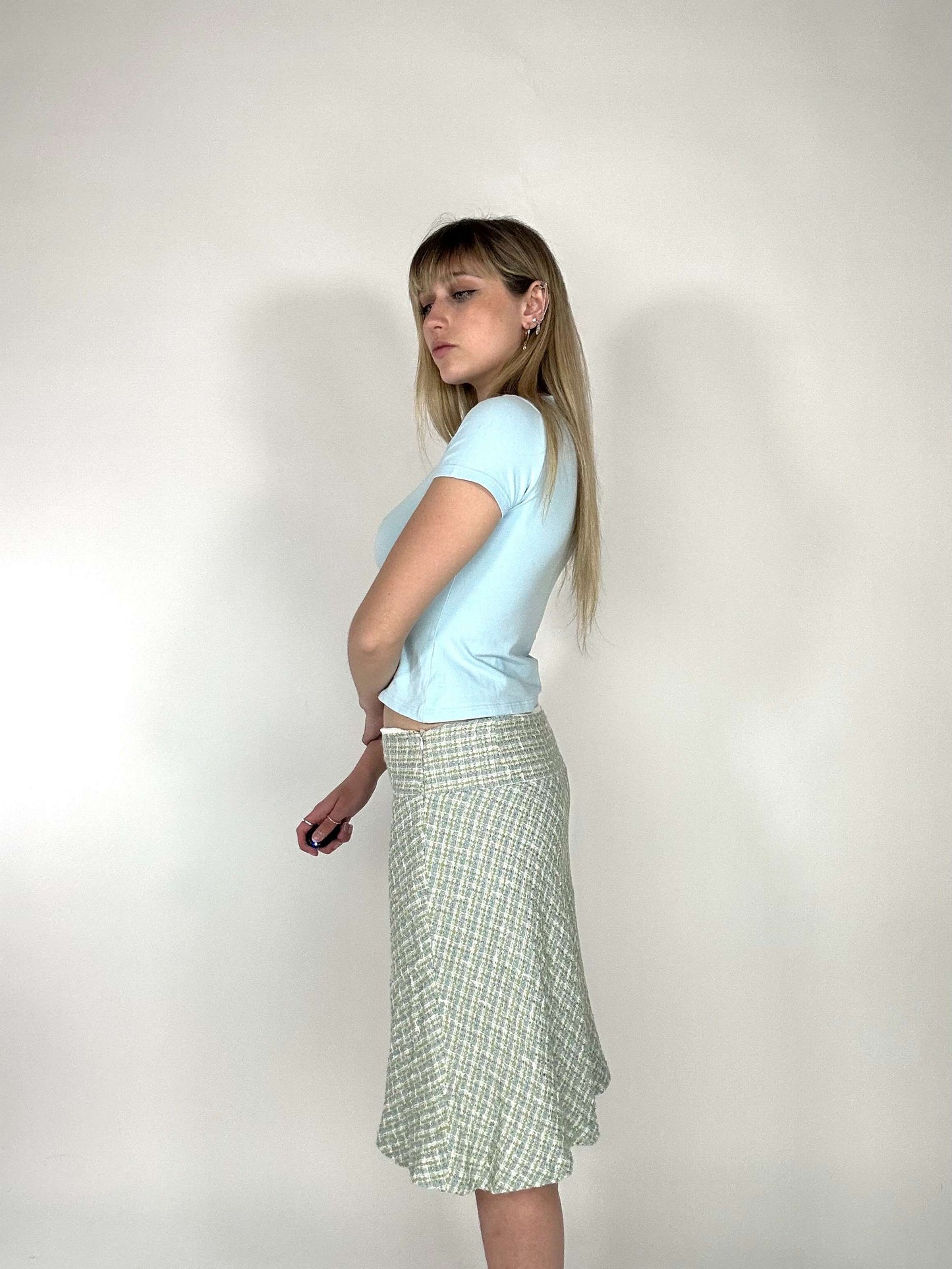 Vintage 00s Coquette Tweed Midi Skirt In Blue