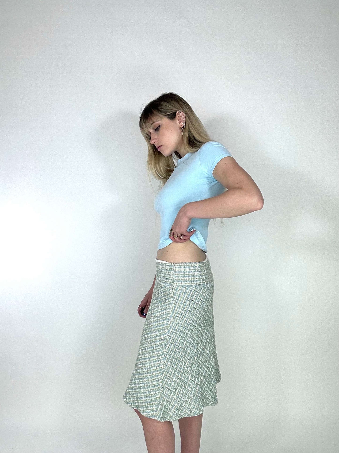 Vintage 00s Coquette Tweed Midi Skirt In Blue