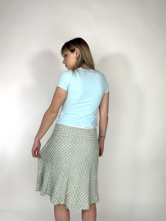 Vintage 00s Coquette Tweed Midi Skirt In Blue