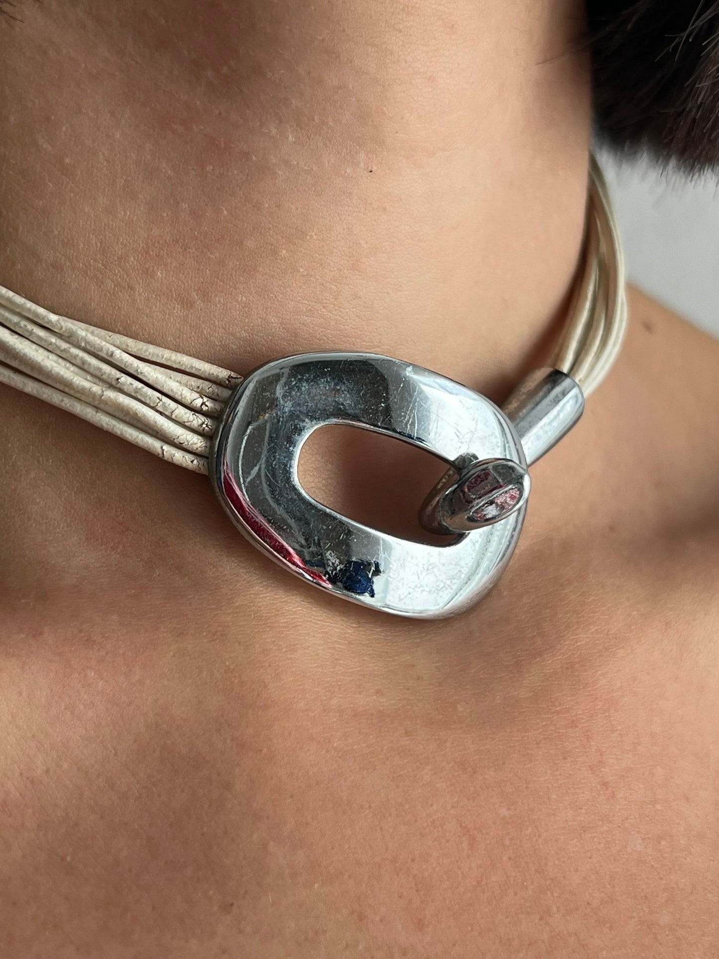 Vintage 90s Chunky Choker Necklace With Leather Straps