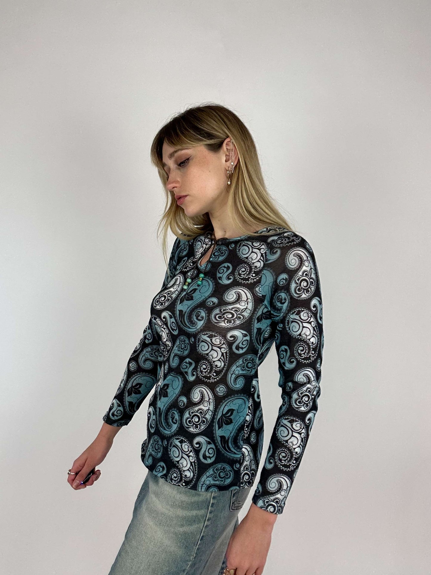 Vintage 00s Boho Parlsey Print Knitted Top