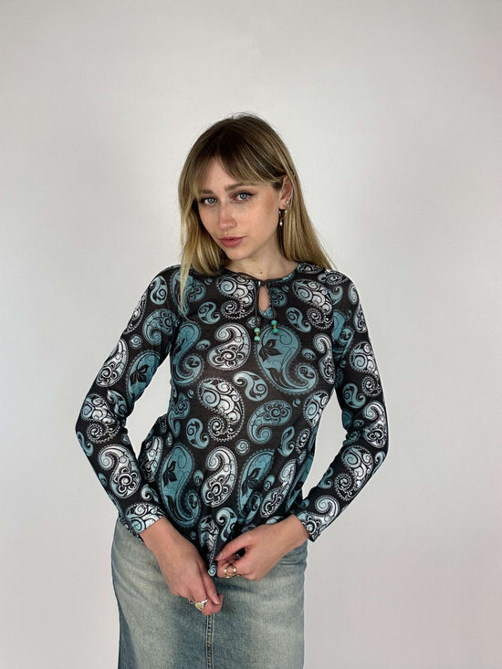 Vintage 00s Boho Parlsey Print Knitted Top