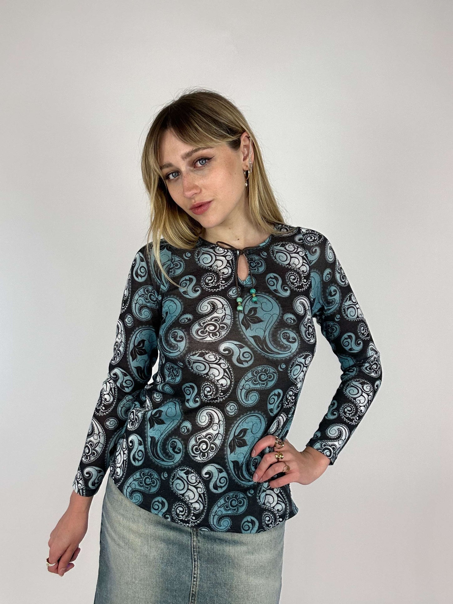 Vintage 00s Boho Parlsey Print Knitted Top