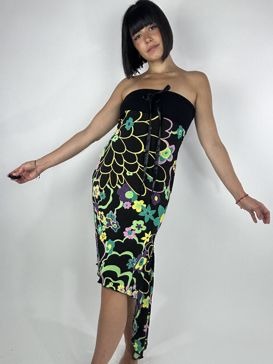 Vintage 00s Asymmetric Bandeau Floral Dress