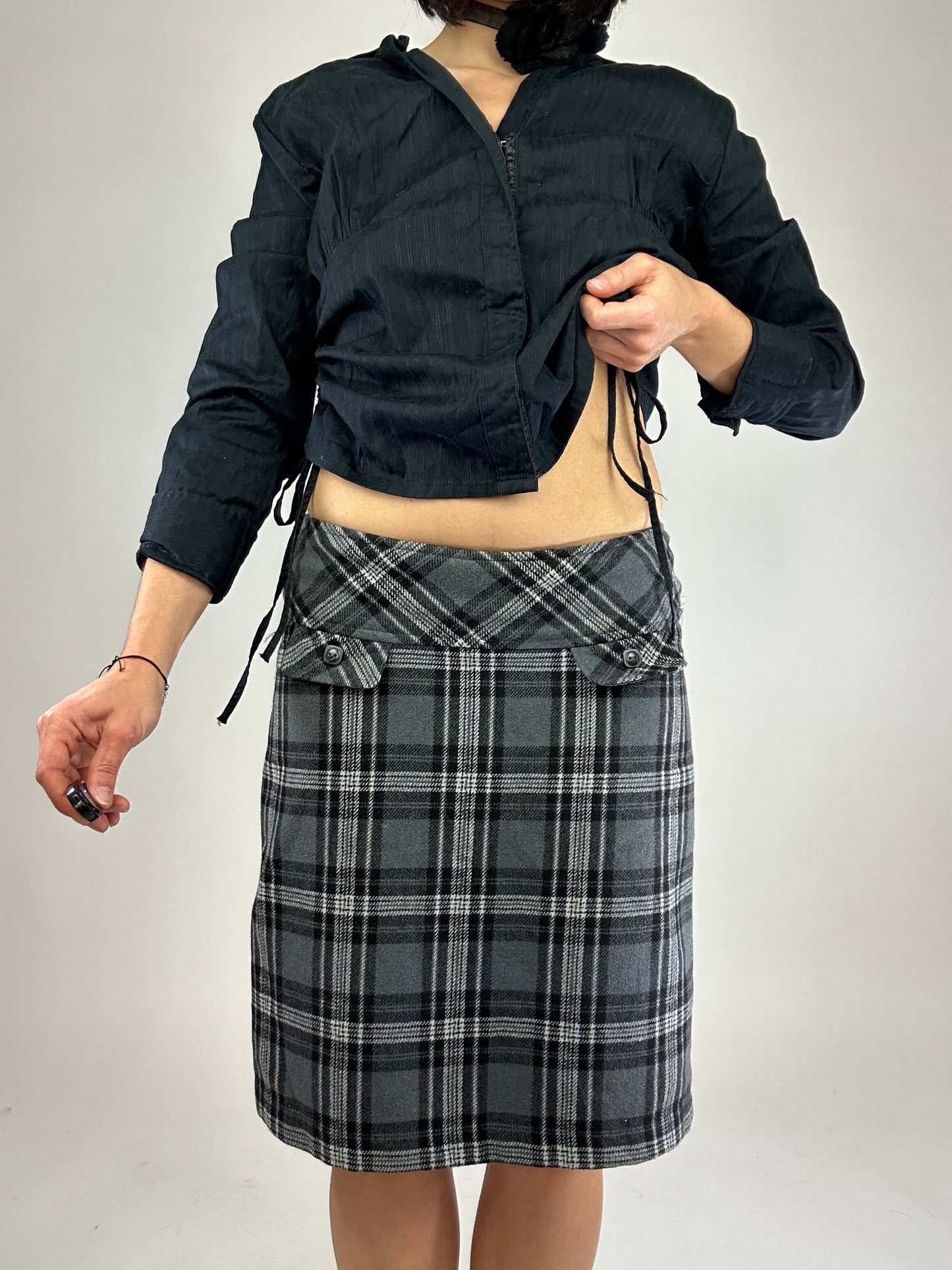Vintage 90s Corporate Siren Checkered Wool  Midi Skirt