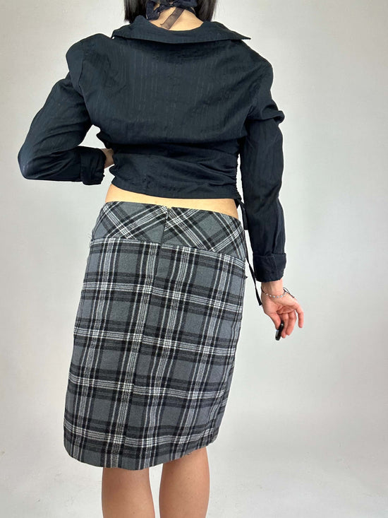 Vintage 90s Corporate Siren Checkered Wool  Midi Skirt